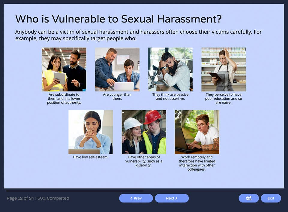 Course screenshot showing who is vulnerable to sexual harassment