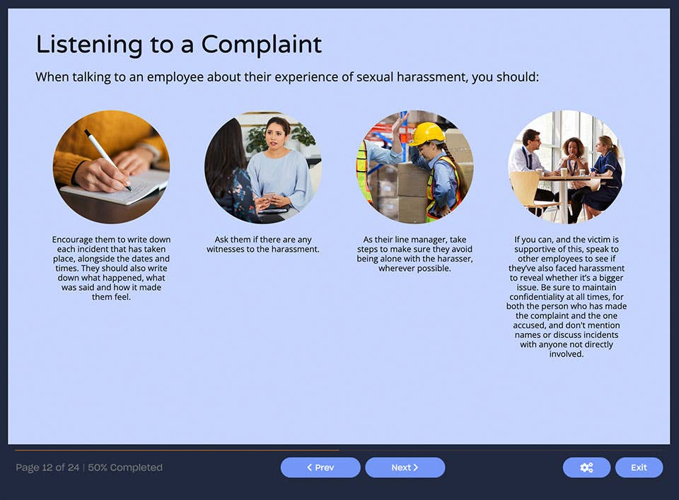 Course screenshot showing how to listen to a complaint