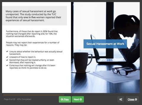 Course screenshot showing sexual harassment at work