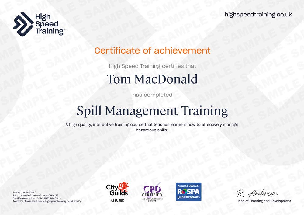 Sample Spill Management Training certificate