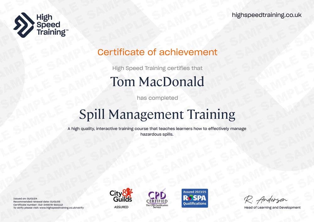 Spill Management Training - Example Certificate