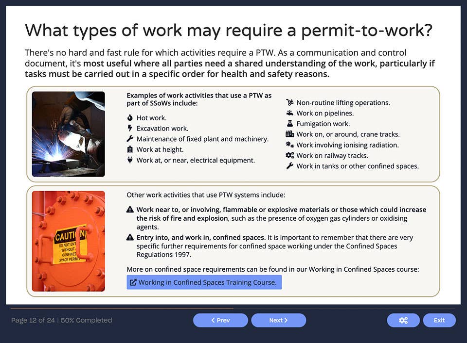 Course screenshot showing a types of that may require a permit-to-work