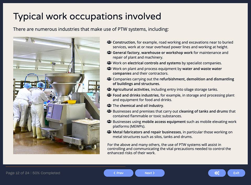 Course screenshot showing typical work occupations that involve a permit-to-work