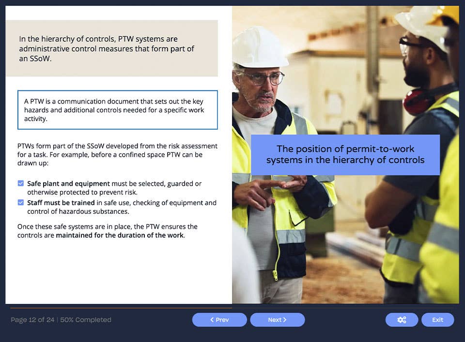 Course screenshot showing the position of permit-to-work systems in the hierarchy of controls 