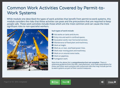 Course screenshot showing common work activities covered by permit-to-work systems