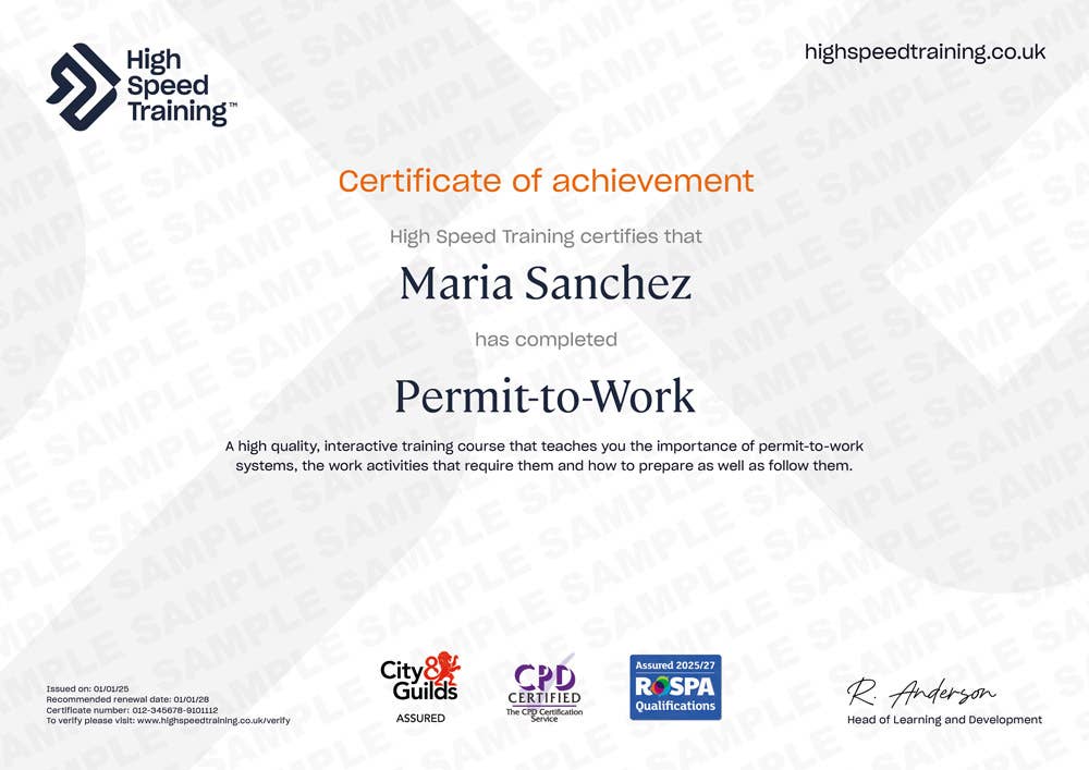 Sample Permit-To-Work certificate