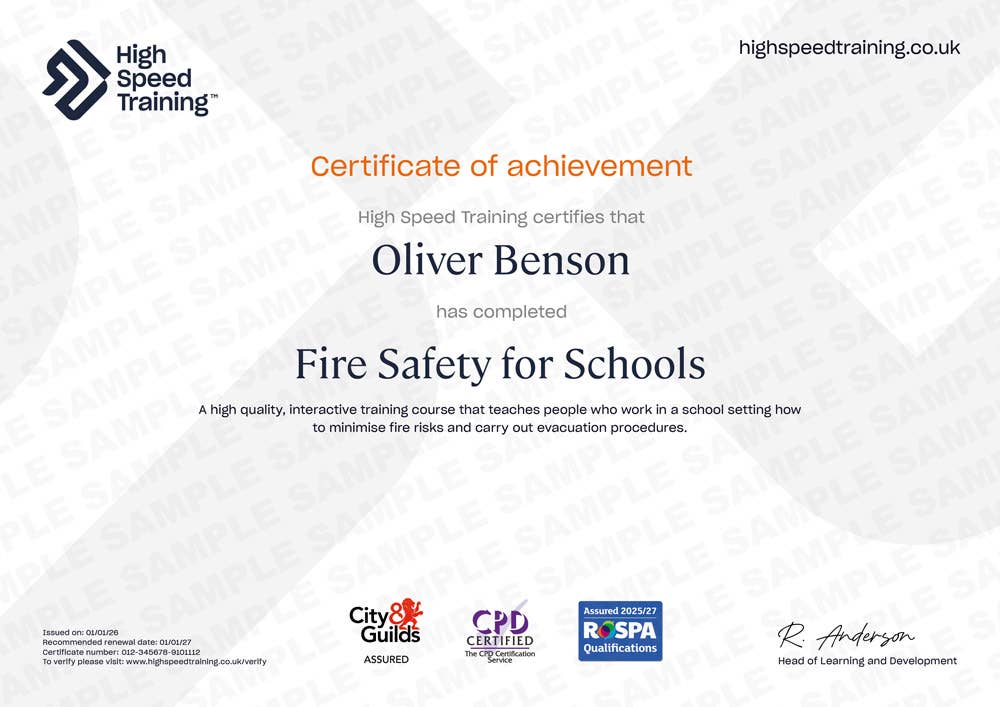 Sample Fire Safety for Schools certificate