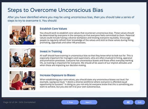 Course screenshot showing steps to overcome unconscious bias