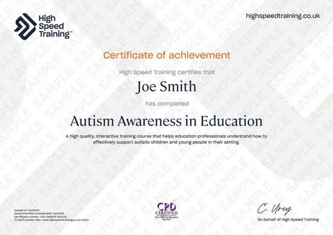 Sample Autism Awareness in Education certificate