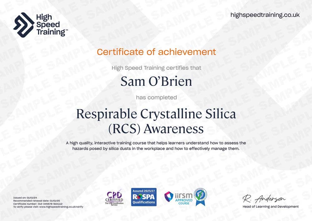 Respirable Crystalline Silica Awareness - Example Certificate