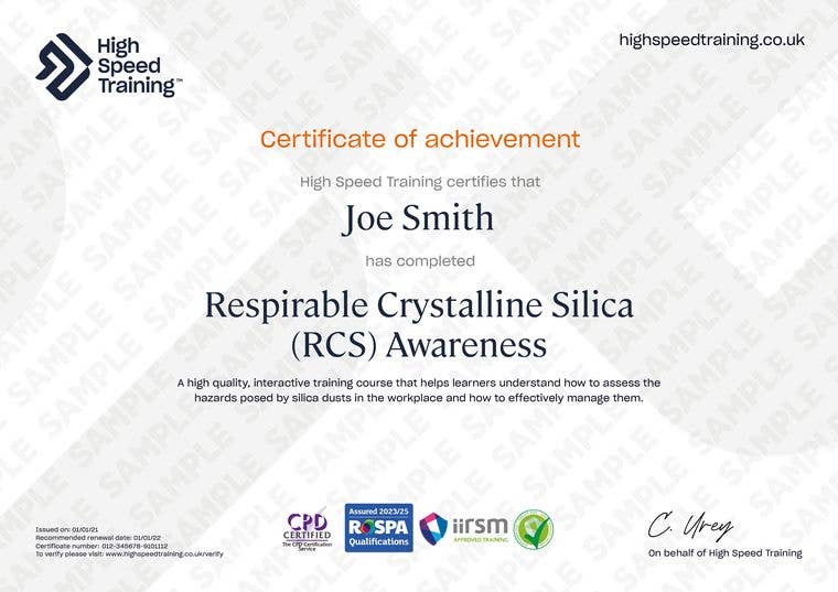 Respirable Crystalline Silica Awareness - Example Certificate