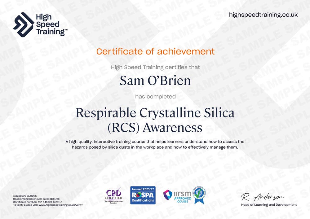 Sample Respirable Crystalline Silica (RCS) Awareness certificate