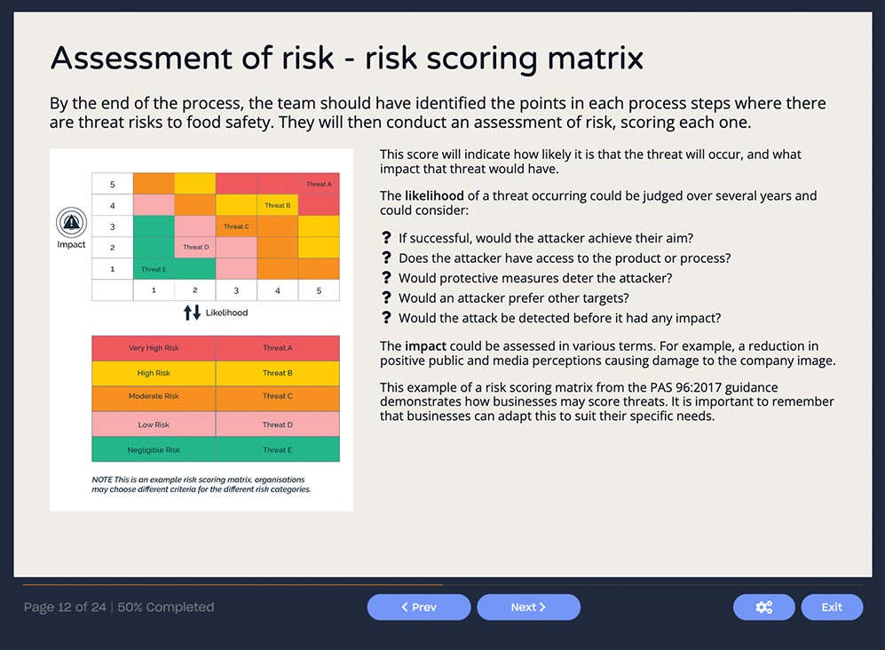 Course screenshot showing assessment of risk