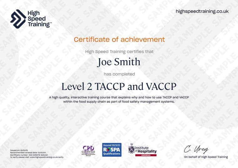 Sample Level 2 TACCP and VACCP Certificate