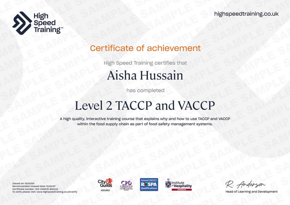 Sample Level 2 TACCP and VACCP Certificate