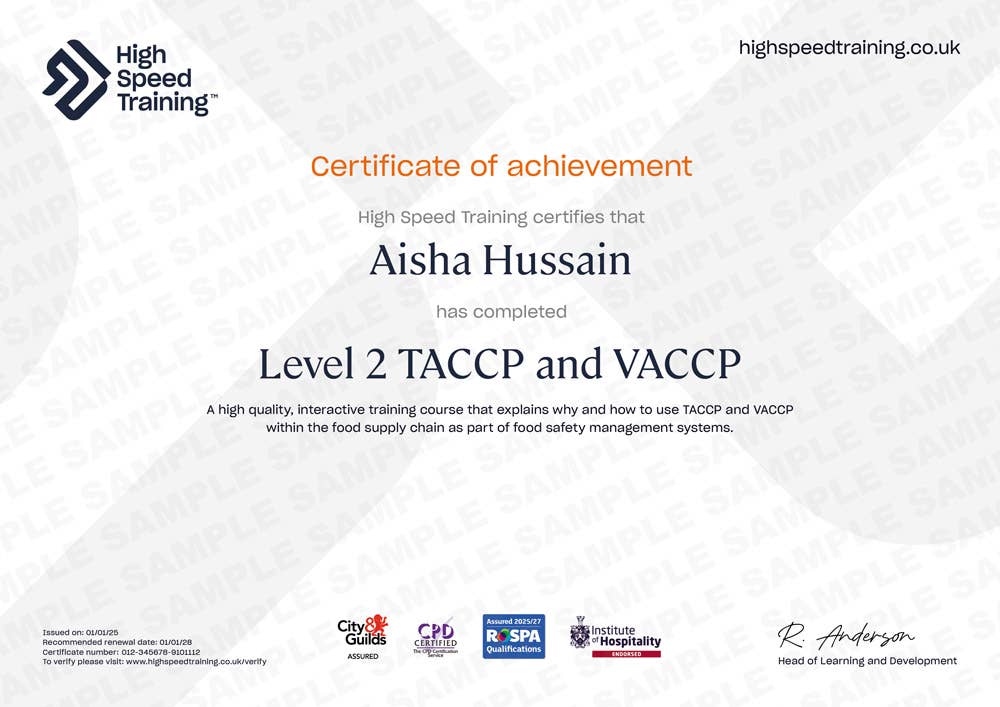 Sample Level 2 TACCP and VACCP certificate