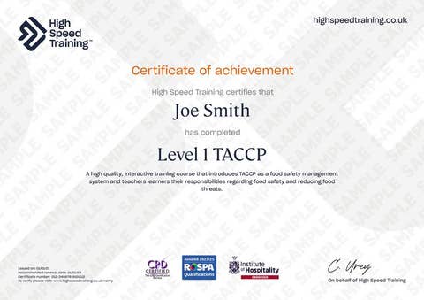 Sample Level 1 TACCP Certificate