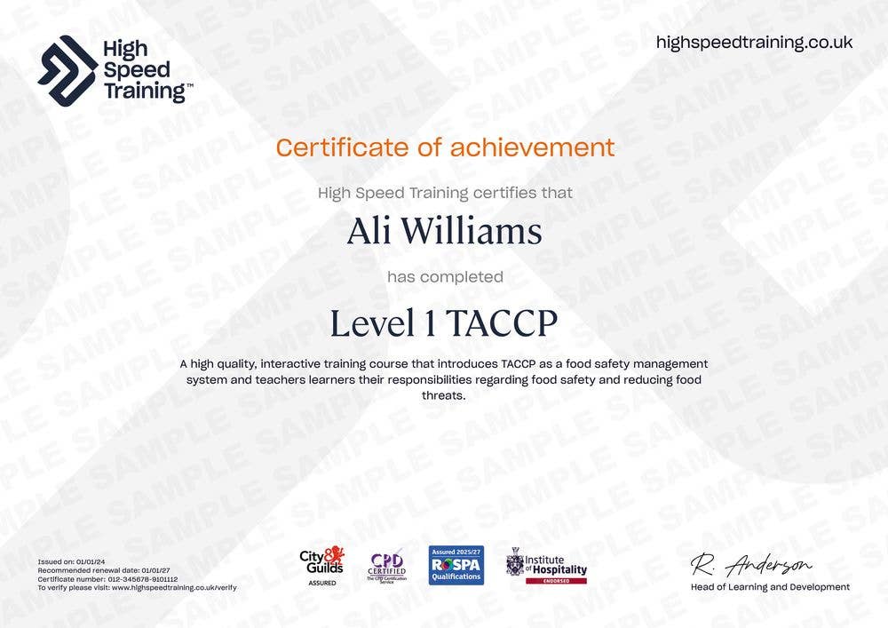 Sample Level 1 TACCP Certificate