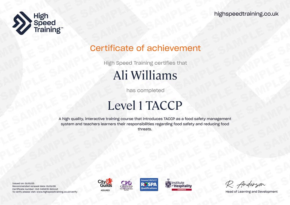 Sample Level 1 TACCP Certificate