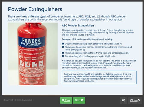 Course screenshot showing powder extinguishers