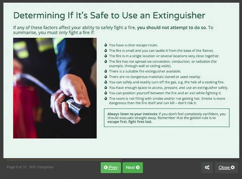 Course screenshot showing how to determine if it's safe to use an extinguisher