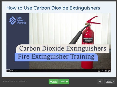 Course screenshot showing how to use carbon dioxide extinguishers