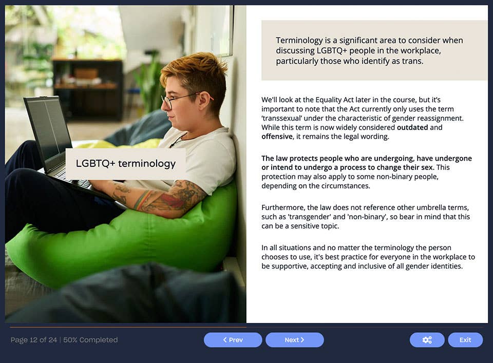 Course screenshot showing LGBTQ+ Terminology