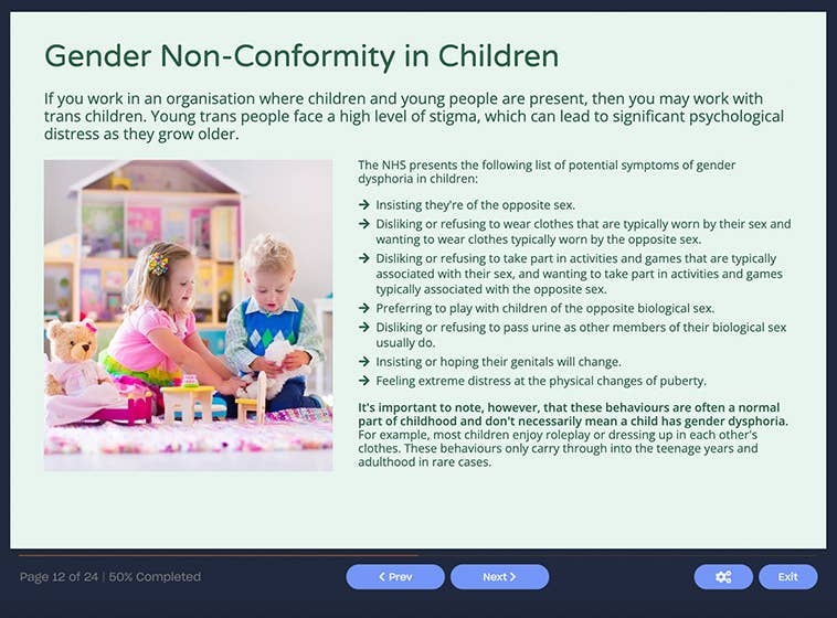 Course screenshot showing Gender Non-Conformity in Children