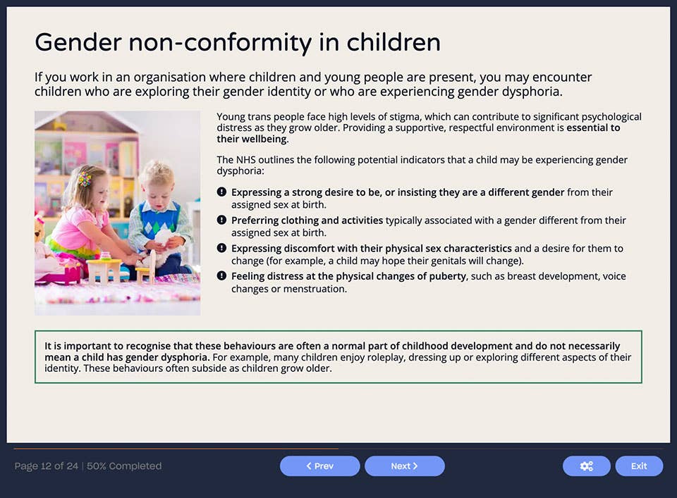 Course screenshot showing Gender Non-Conformity in Children