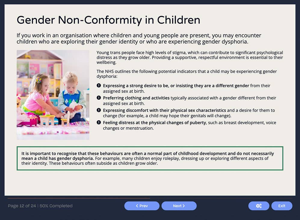 Course screenshot showing Gender Non-Conformity in Children