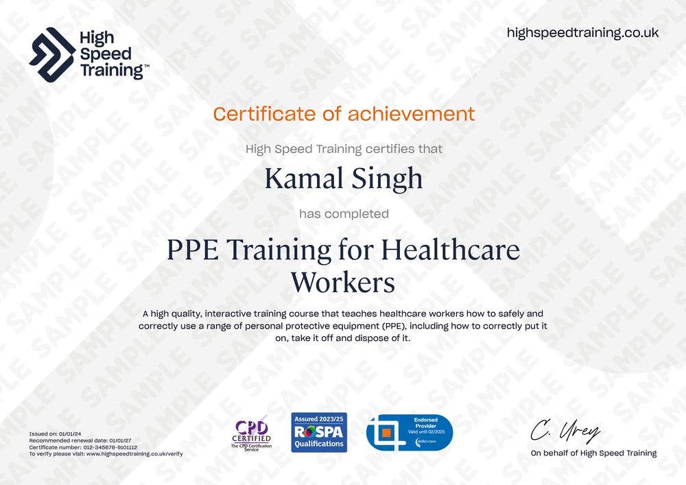 Sample PPE Training for Healthcare Workers certificate