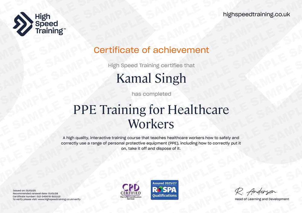 Sample PPE Training for Healthcare Workers certificate