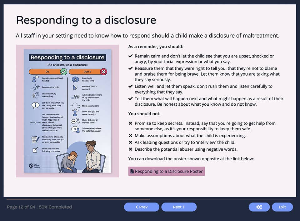 Course screenshot showing how to respond to a disclosure
