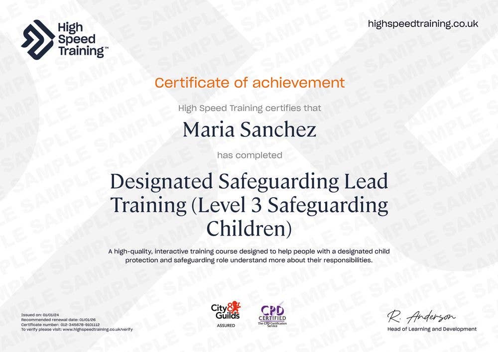 Sample Designated Safeguarding Lead Training (Level 3 Safeguarding Children) Certificate