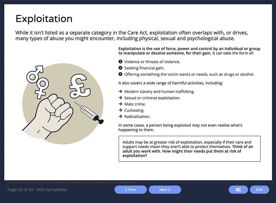 Course screenshot describing financial or material abuse