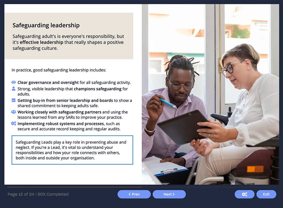 Course screenshot describing safeguarding leadership