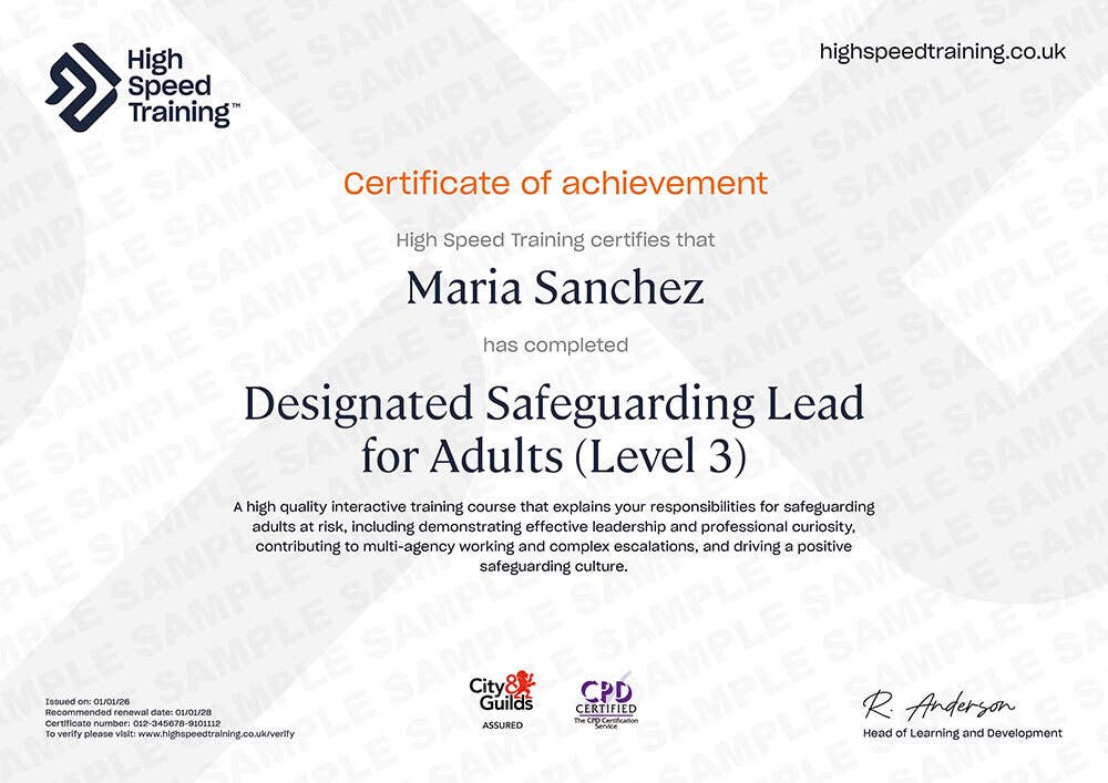 Sample Designated Safeguarding Lead for Adults (Level 3) Training Certificate