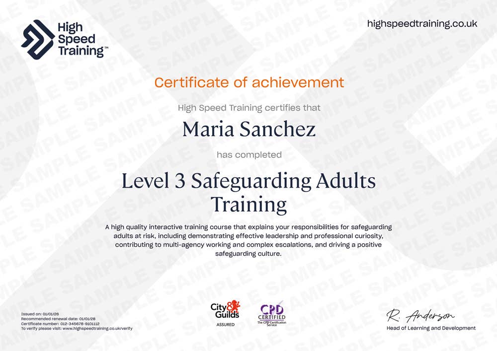 Sample Level 3 Safeguarding Adults Training Certificate