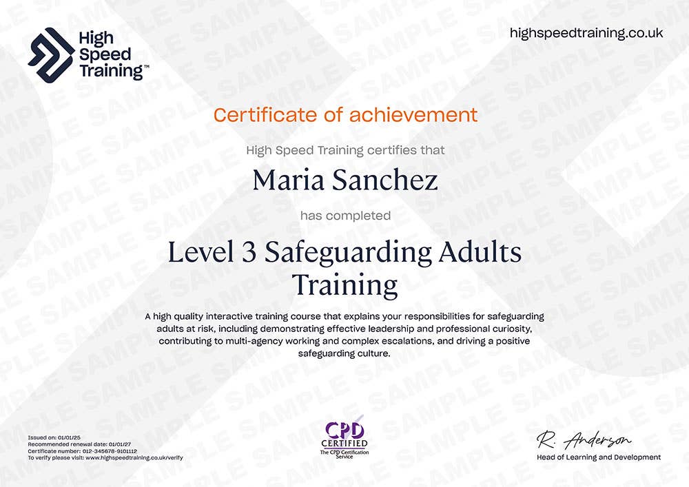 Sample Level 3 Safeguarding Adults Training Certificate