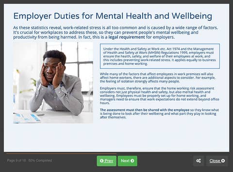 Course screenshot showing Employer Duties for Mental Health & Wellbeing