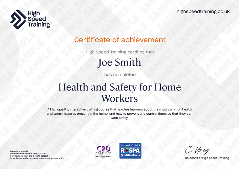 Sample Health and Safety for Home Workers certificate