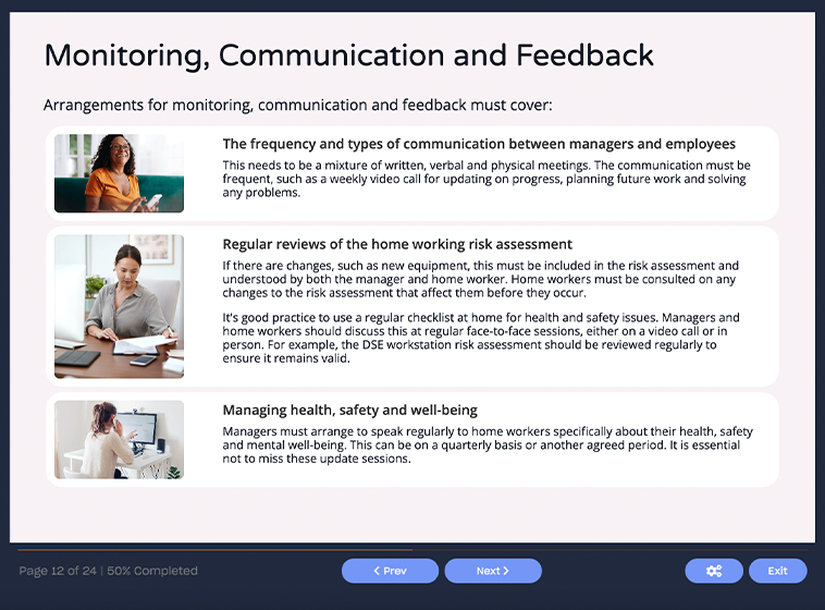 Course screenshot showing monitoring, communication and feedback