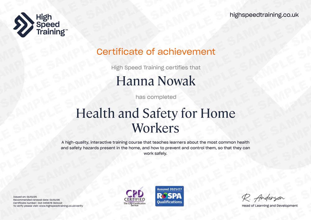 Sample Health and Safety for Home Workers Certificate