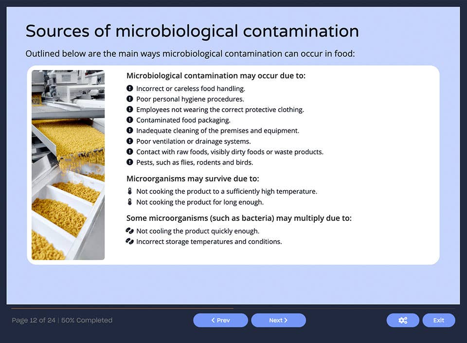 Course screenshot showing sources of microbiological contamination