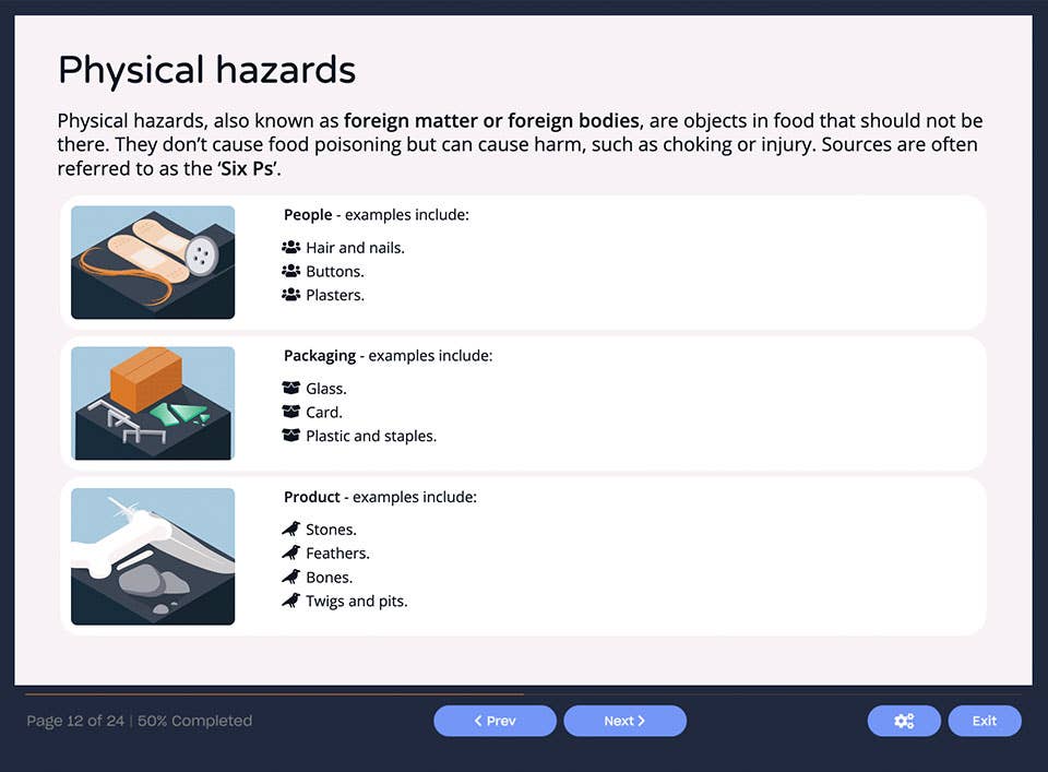 Course screenshot showing physical hazards