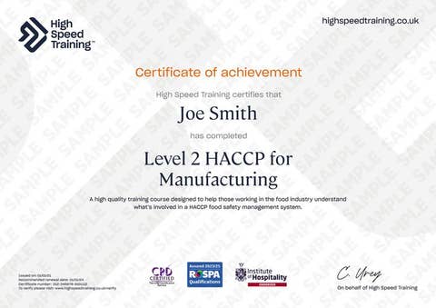 Sample Certificate For Level 2 HACCP For Manufacturing