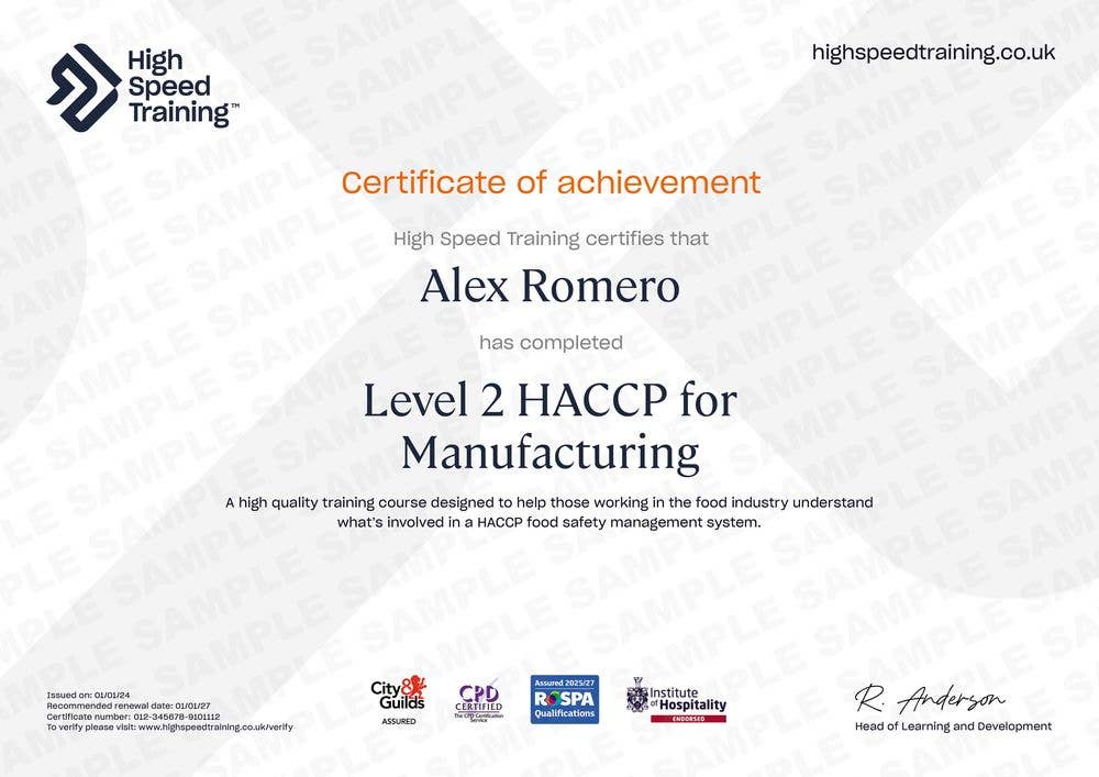 Sample Certificate For Level 2 HACCP For Manufacturing