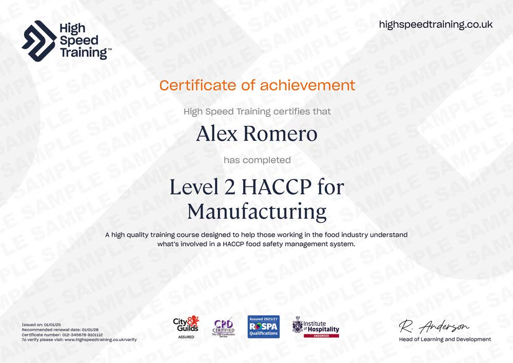 Sample Level 2 HACCP for Manufacturing certificate
