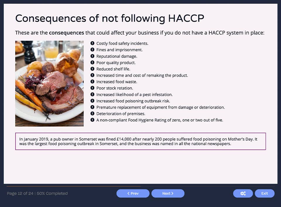Course screenshot - Consequences of not following HACCP