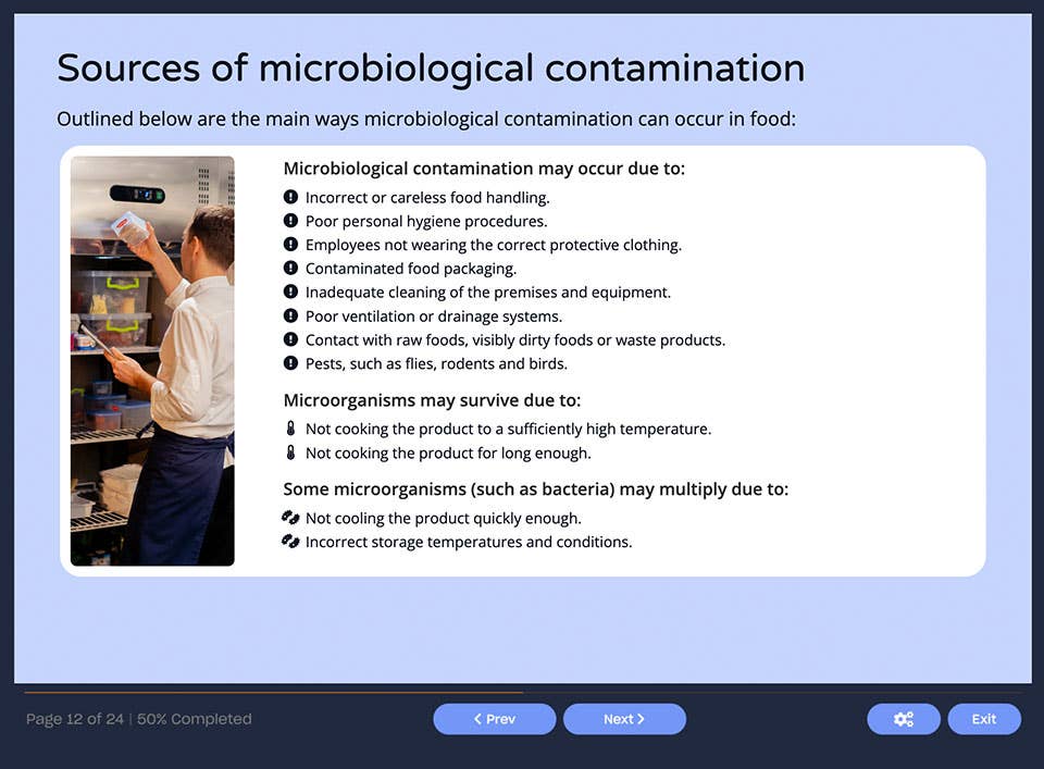Course screenshot - Sources of microbiological contamination